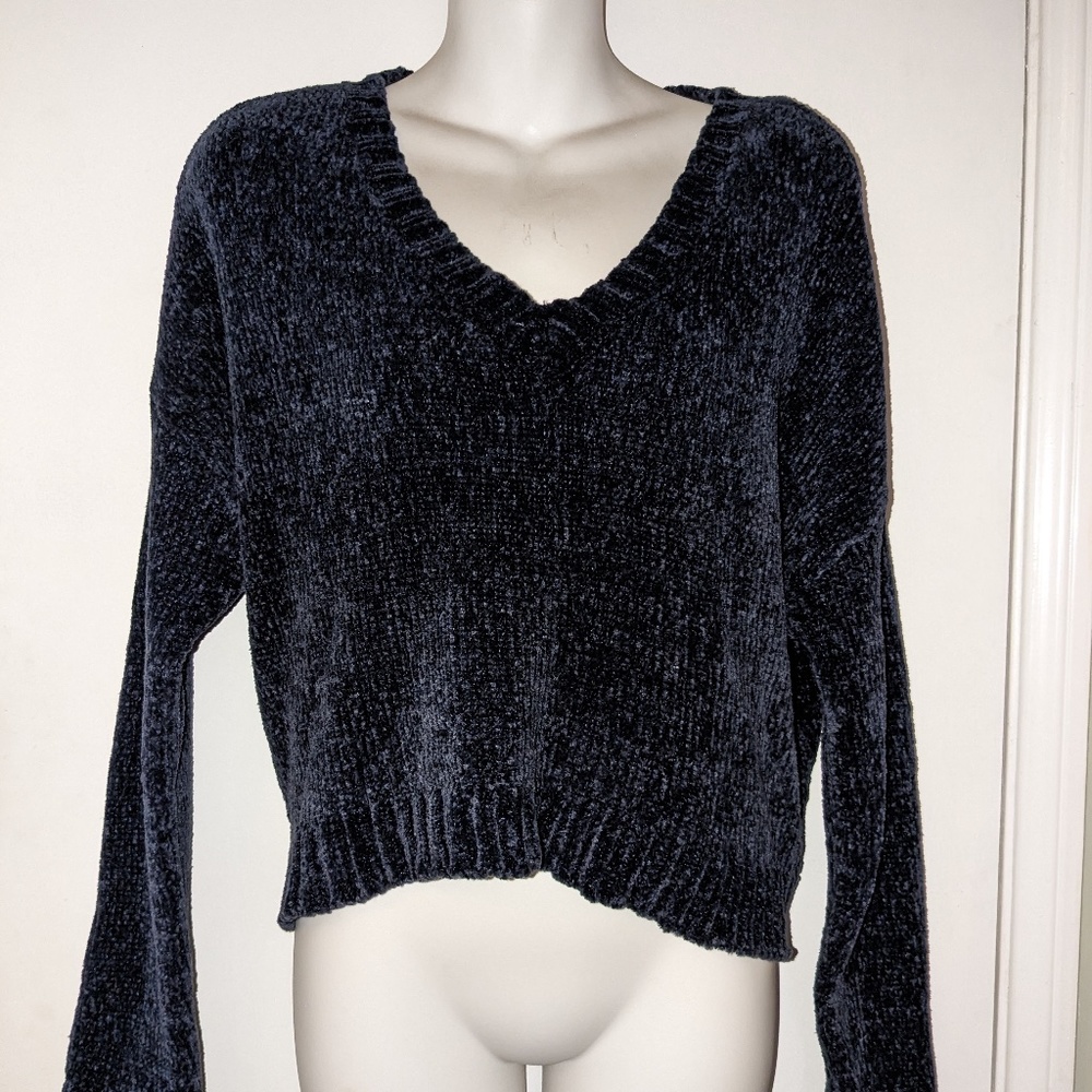 Navy Blue Cropped Soft Chenille Loose Fit Sweater- Small